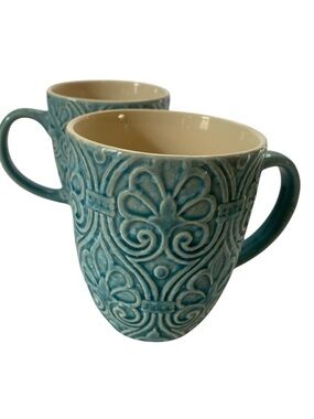 Ceramic Coffee Mugs Scrollwork Medallion Blue Set of 2